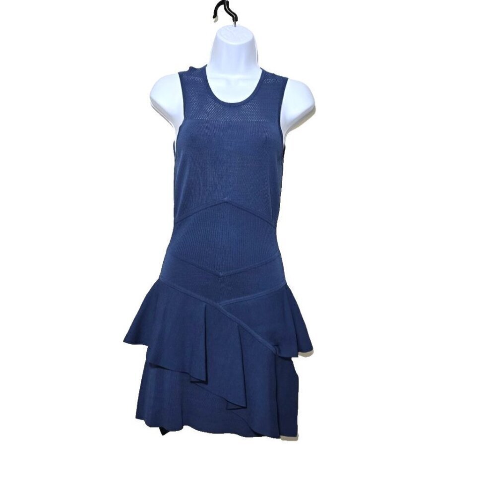 Parker Dress XS Drop Waist Peplum Tiered Blue Stretch Comfort Eyelet Open Knit